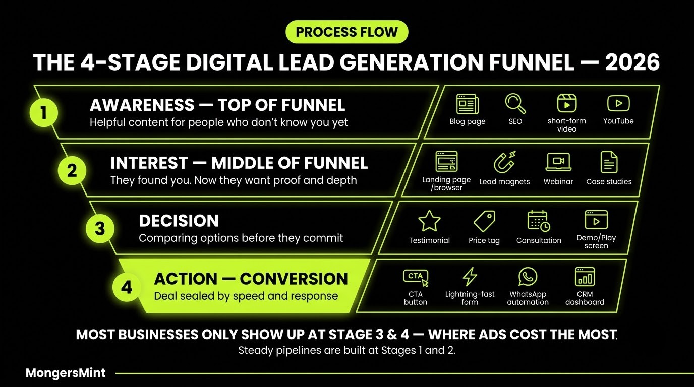 How to Generate Leads in Digital Marketing? 9 Proven Strategies for 2026 1 The Proven 4-Stage Digital Lead Generation Funnel For Businesses- MongersMint