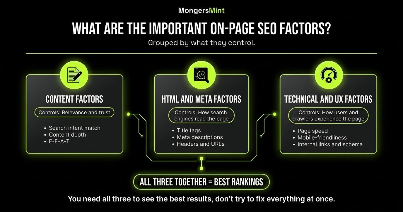 13 Effective On Page SEO Factors to Boost Rankings in 2026 1 What Are the Important On Page SEO Factors, Grouped by What They Control- Mongersmint