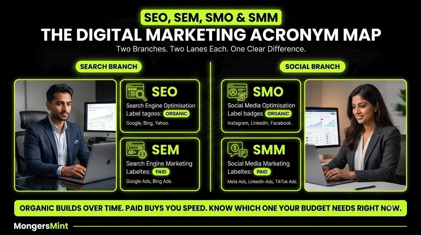 What is the Difference Between SEO and SMO in 2026? New Guide 1 What is the Difference Between SEO, SEM, SMO, and SMM A Complete Breakdown- MongersMint