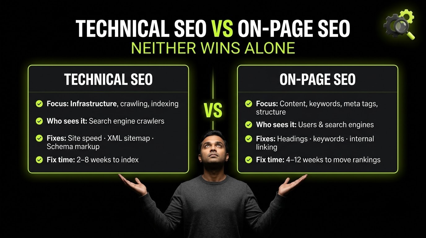 Technical SEO vs On-Page SEO: Differences & Priorities 2026 1 infographic-Man_comparing_technical_and_on-p-mongersmint